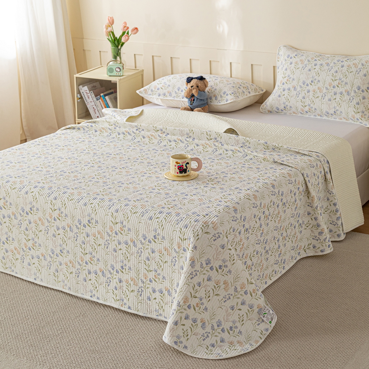 91家纺网 家纺一手货源 找家纺 源舜家纺 2026新款锦氨印花凉感床盖三件套 筱花