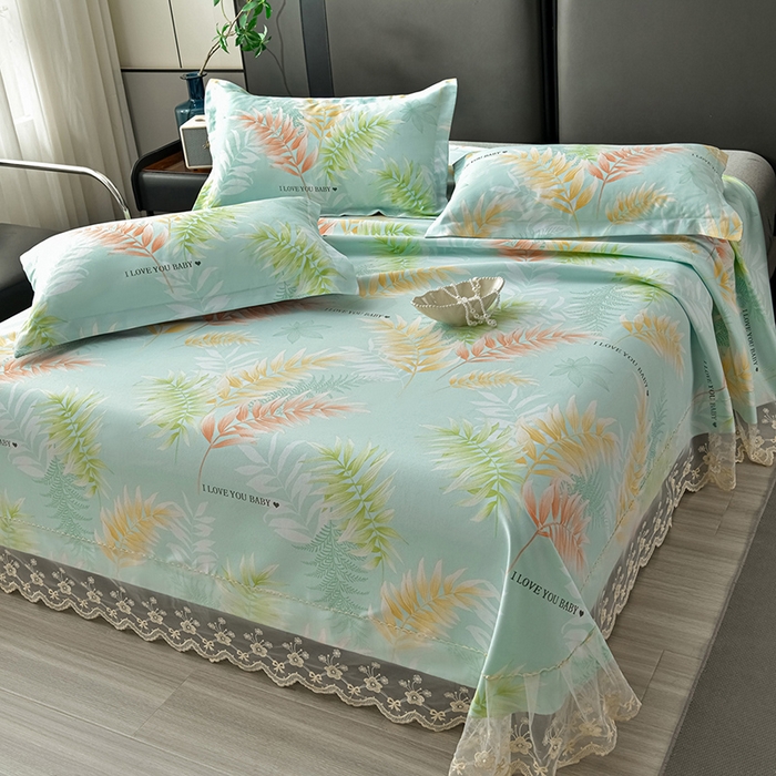 91家纺网 家纺一手货源 找家纺 星窝家纺 2026新款花边老粗布凉席三件套 春风里-绿