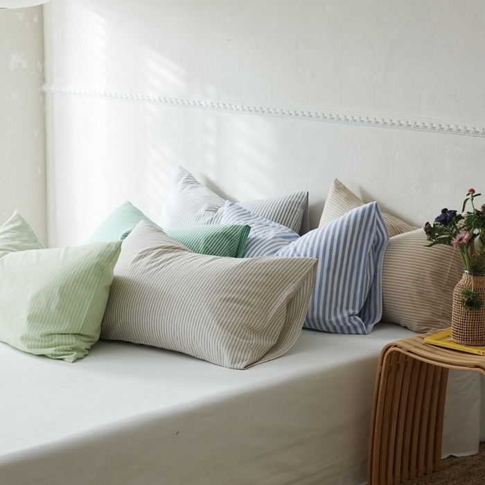 91家纺网 家纺一手货源 找家纺 （总）棉眠 2026新款调色盘水洗棉混搭单品系列-条纹单枕套,组合图仅供展示不可下单,灰条,卡其条,蓝条,绿条,米白条,蜜瓜条