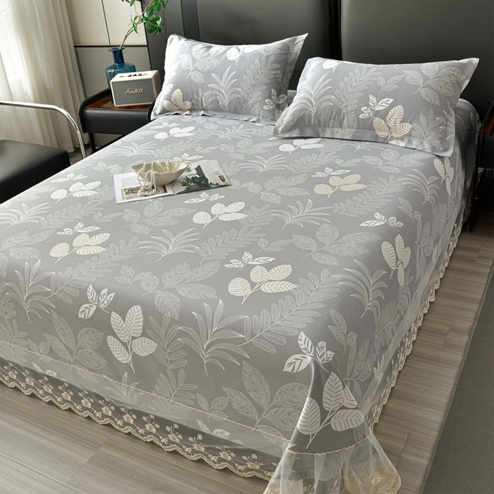 91家纺网 家纺一手货源 找家纺 星窝家纺 2026新款花边老粗布凉席三件套 春旭日-灰