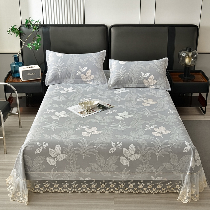 91家纺网 家纺一手货源 找家纺 星窝家纺 2026新款花边老粗布凉席三件套 春旭日-灰