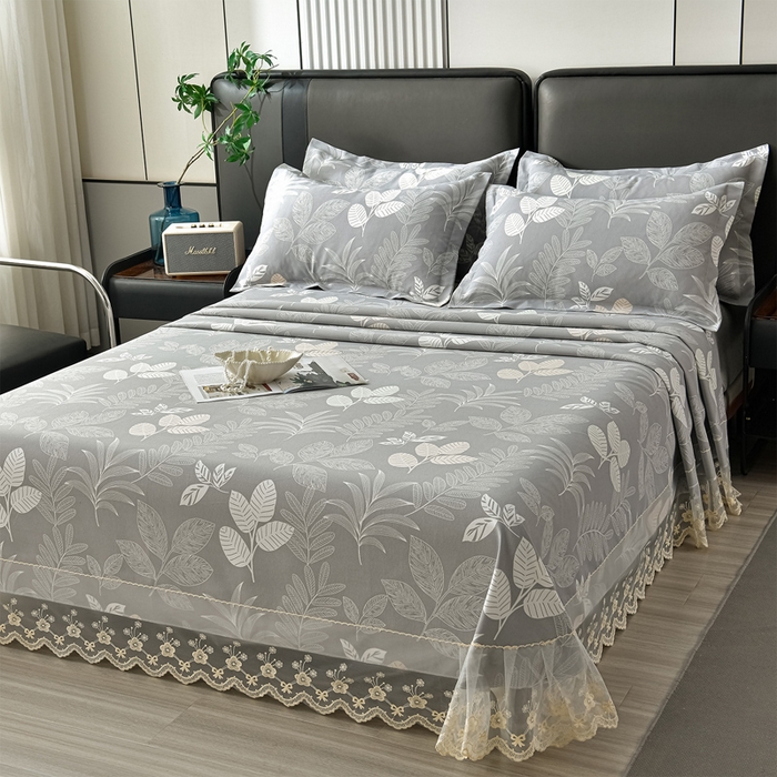 91家纺网 家纺一手货源 找家纺 星窝家纺 2026新款花边老粗布凉席三件套 春旭日-灰