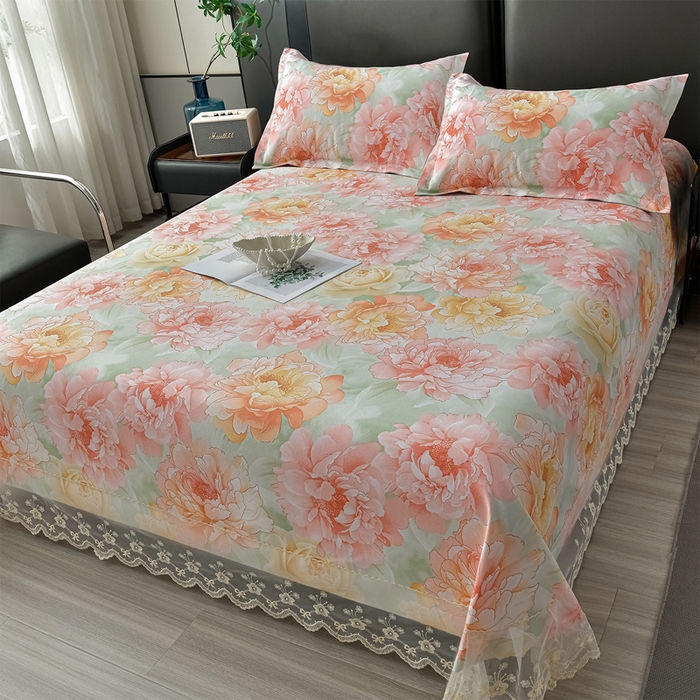 91家纺网 家纺一手货源 找家纺 星窝家纺 2026新款花边老粗布凉席三件套 花暖迎春