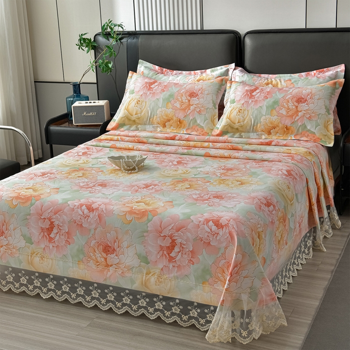 91家纺网 家纺一手货源 找家纺 星窝家纺 2026新款花边老粗布凉席三件套 花暖迎春