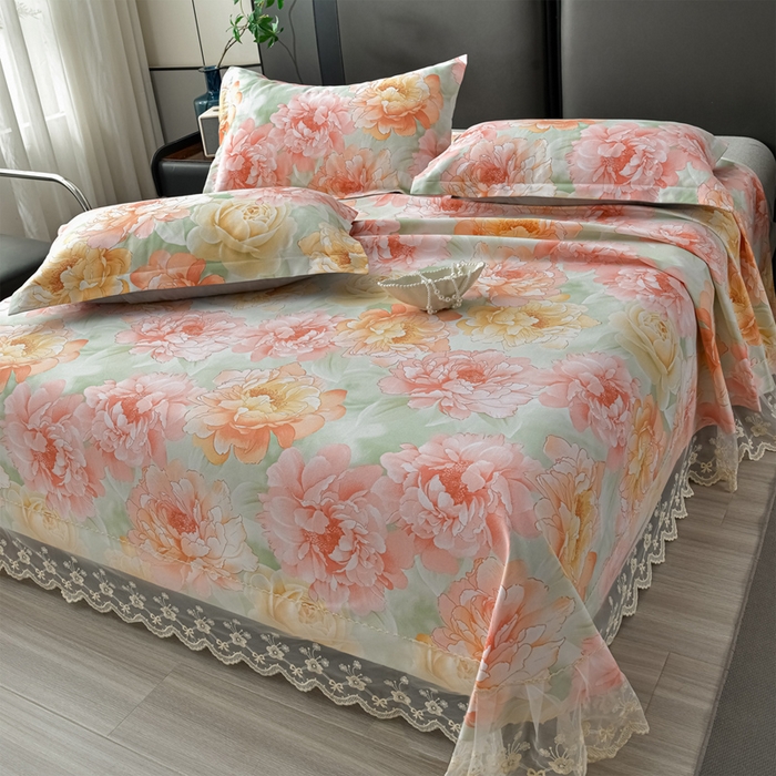 91家纺网 家纺一手货源 找家纺 星窝家纺 2026新款花边老粗布凉席三件套 花暖迎春