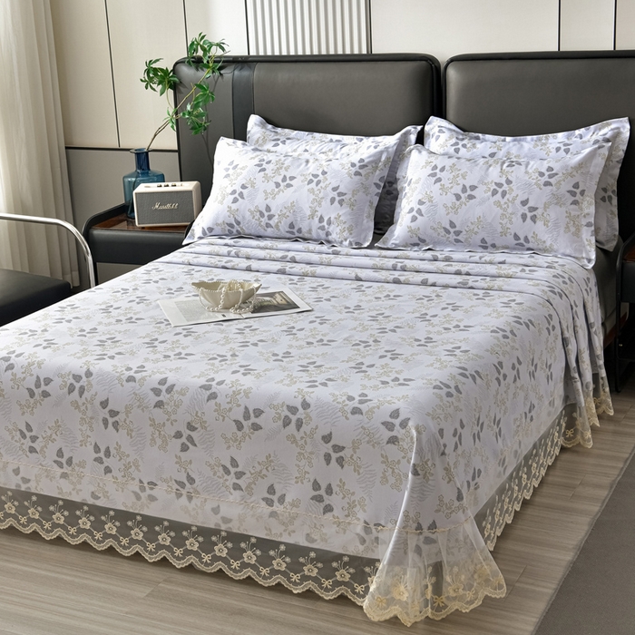 91家纺网 家纺一手货源 找家纺 星窝家纺 2026新款花边老粗布凉席三件套 花叶扶苏-灰