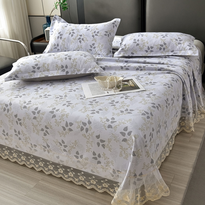 91家纺网 家纺一手货源 找家纺 星窝家纺 2026新款花边老粗布凉席三件套 花叶扶苏-灰