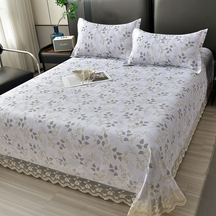 91家纺网 家纺一手货源 找家纺 星窝家纺 2026新款花边老粗布凉席三件套 花叶扶苏-灰