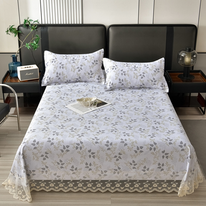 91家纺网 家纺一手货源 找家纺 星窝家纺 2026新款花边老粗布凉席三件套 花叶扶苏-灰