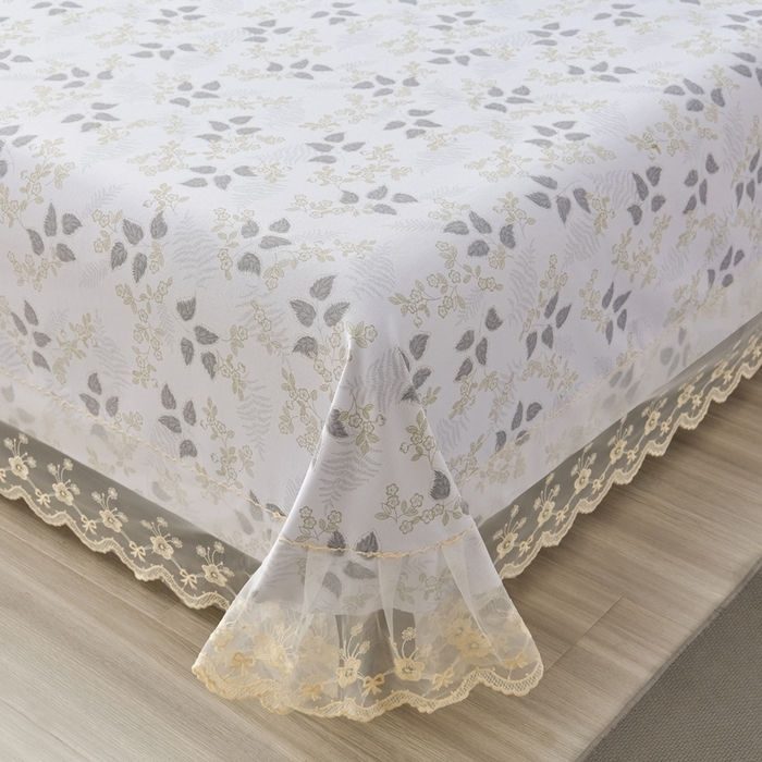 91家纺网 家纺一手货源 找家纺 星窝家纺 2026新款花边老粗布凉席三件套 花叶扶苏-灰