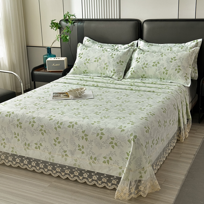 91家纺网 家纺一手货源 找家纺 星窝家纺 2026新款花边老粗布凉席三件套 花叶扶苏-绿