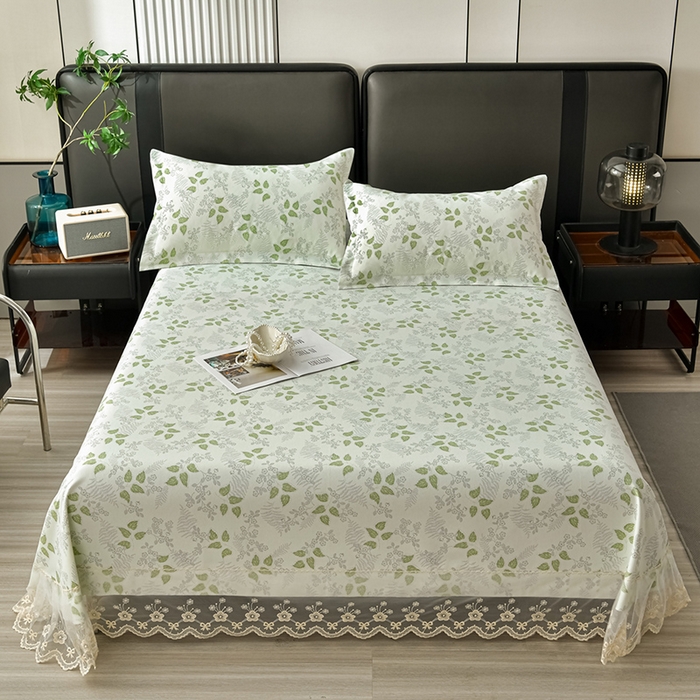 91家纺网 家纺一手货源 找家纺 星窝家纺 2026新款花边老粗布凉席三件套 花叶扶苏-绿