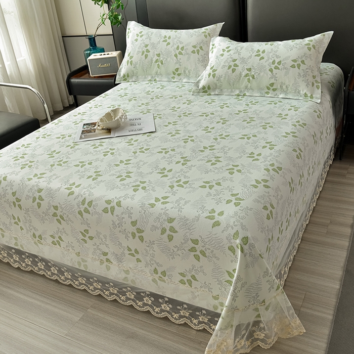 91家纺网 家纺一手货源 找家纺 星窝家纺 2026新款花边老粗布凉席三件套 花叶扶苏-绿