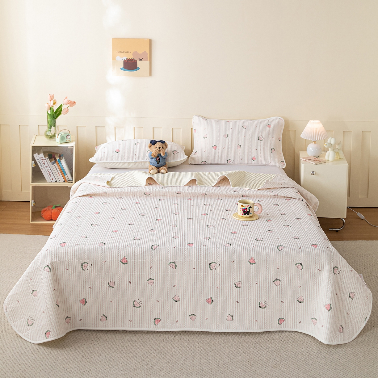 源舜家纺 2026新款锦氨印花凉感床盖三件套 芝士草莓