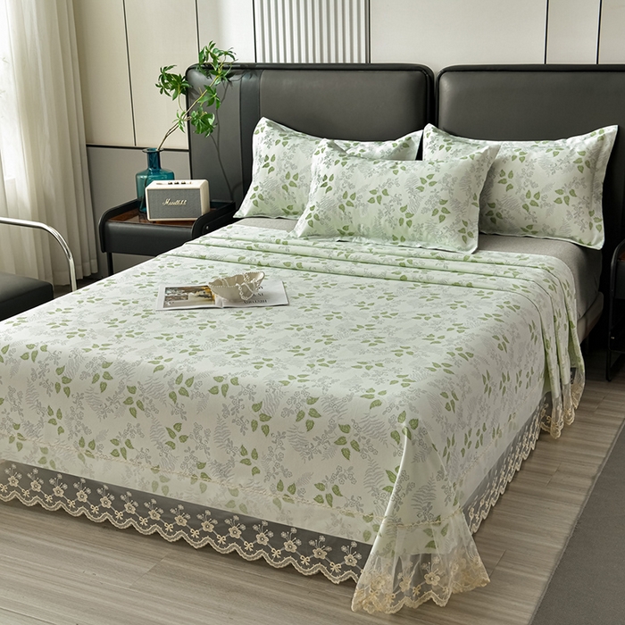 星窝家纺 2026新款花边老粗布凉席三件套 花叶扶苏-绿