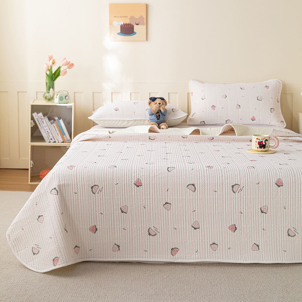 91家纺网 家纺一手货源 找家纺 源舜家纺 2026新款锦氨印花凉感床盖三件套 芝士草莓