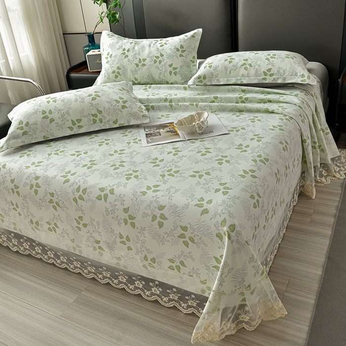 91家纺网 家纺一手货源 找家纺 星窝家纺 2026新款花边老粗布凉席三件套 花叶扶苏-绿