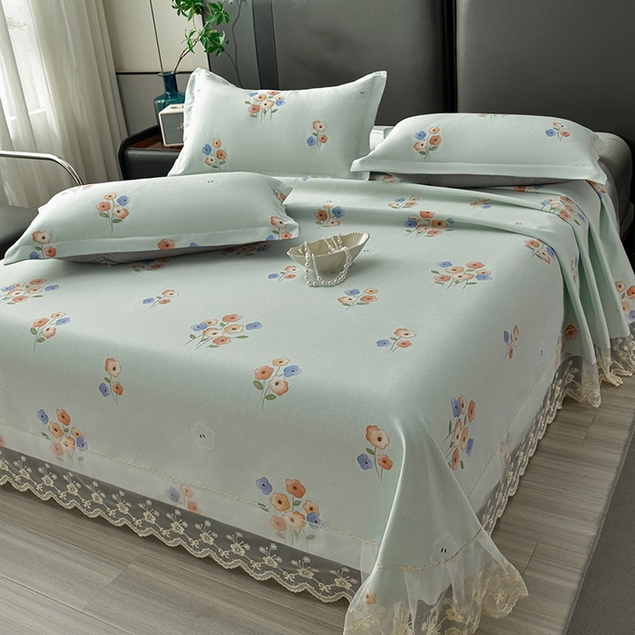 91家纺网 家纺一手货源 找家纺 星窝家纺 2026新款花边老粗布凉席三件套 嘉百丽-绿