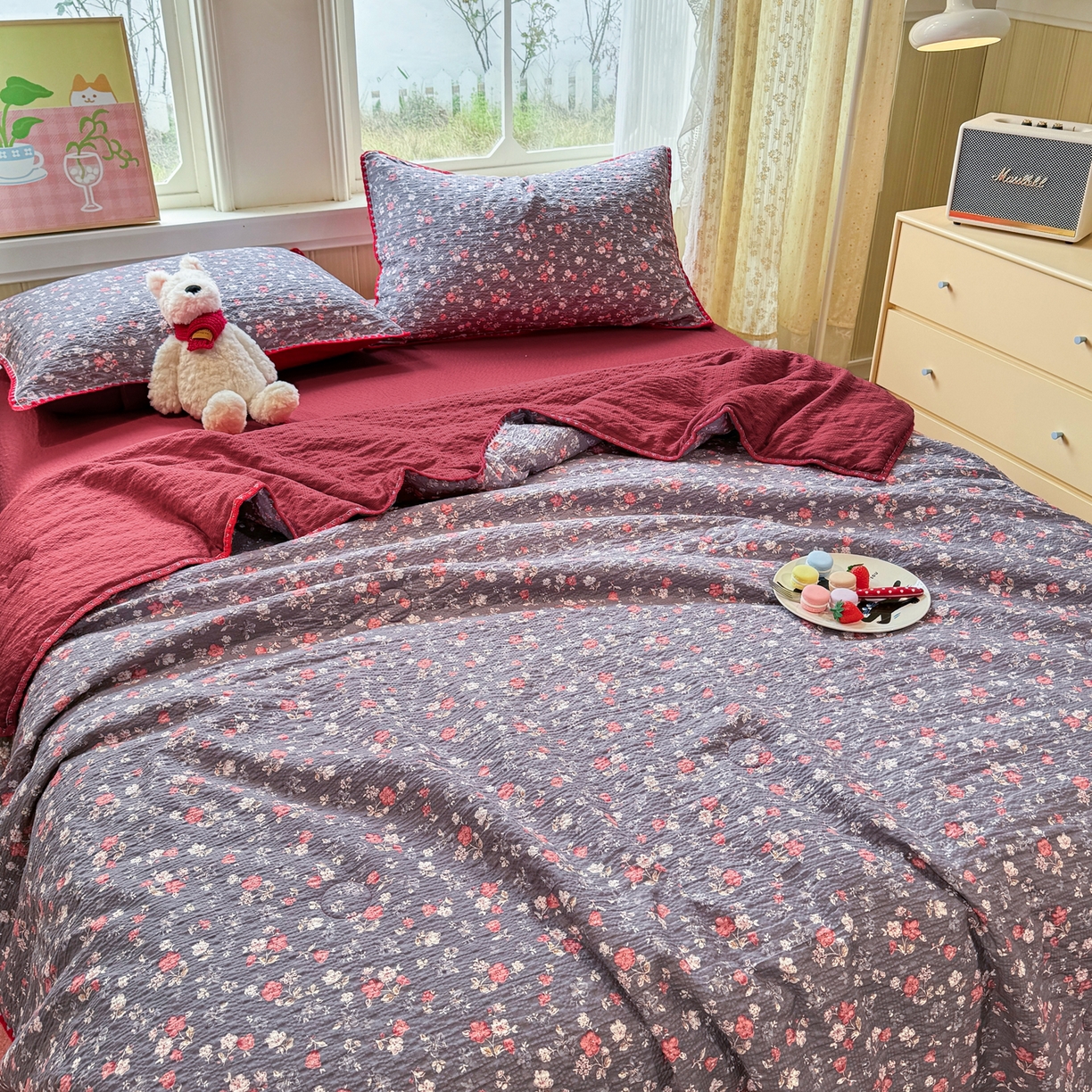 91家纺网 家纺一手货源 找家纺 慕澄家纺 2026新款泡芙棉贝壳边印花夏被四件套 夏被-午夜花园