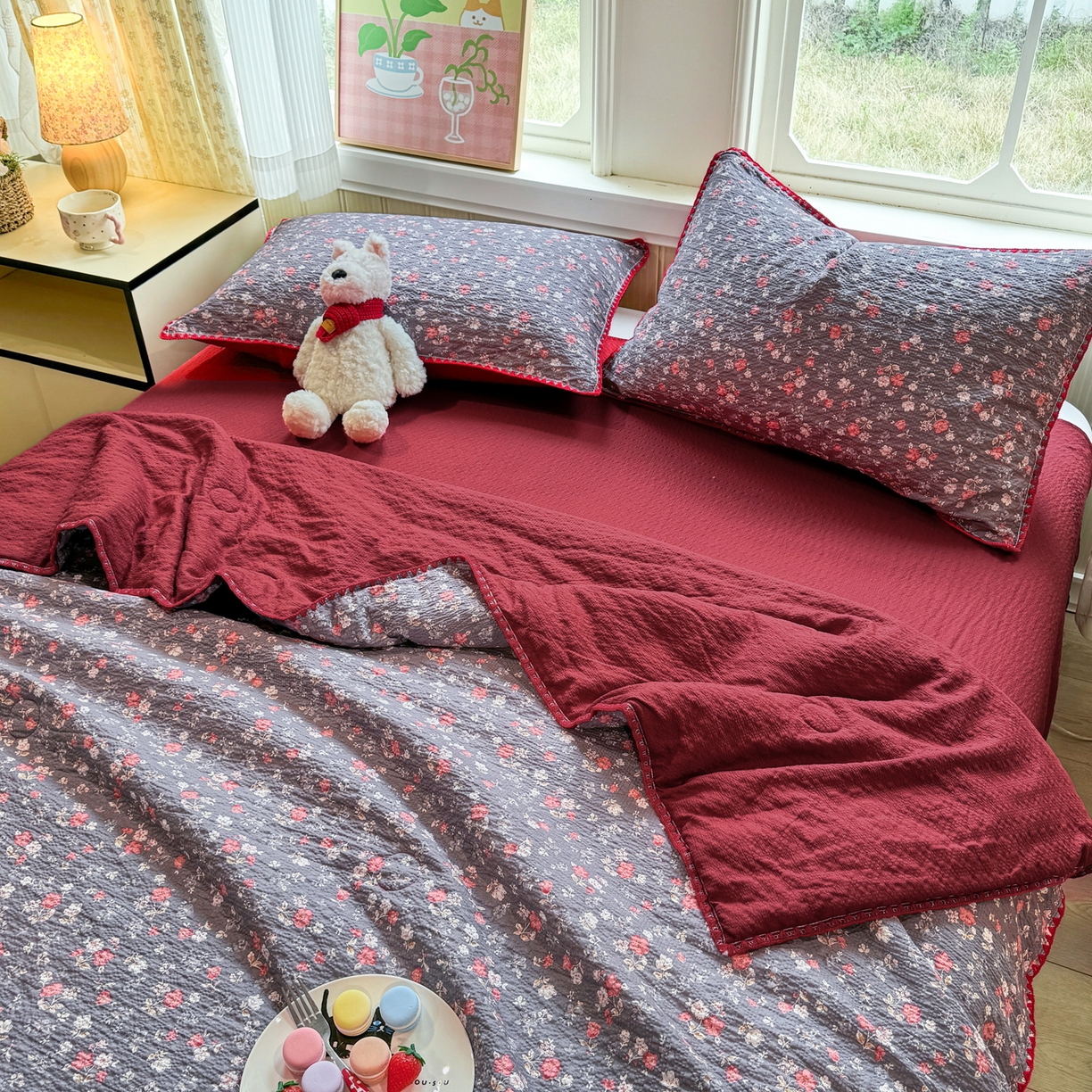 91家纺网 家纺一手货源 找家纺 慕澄家纺 2026新款泡芙棉贝壳边印花夏被四件套 夏被-午夜花园