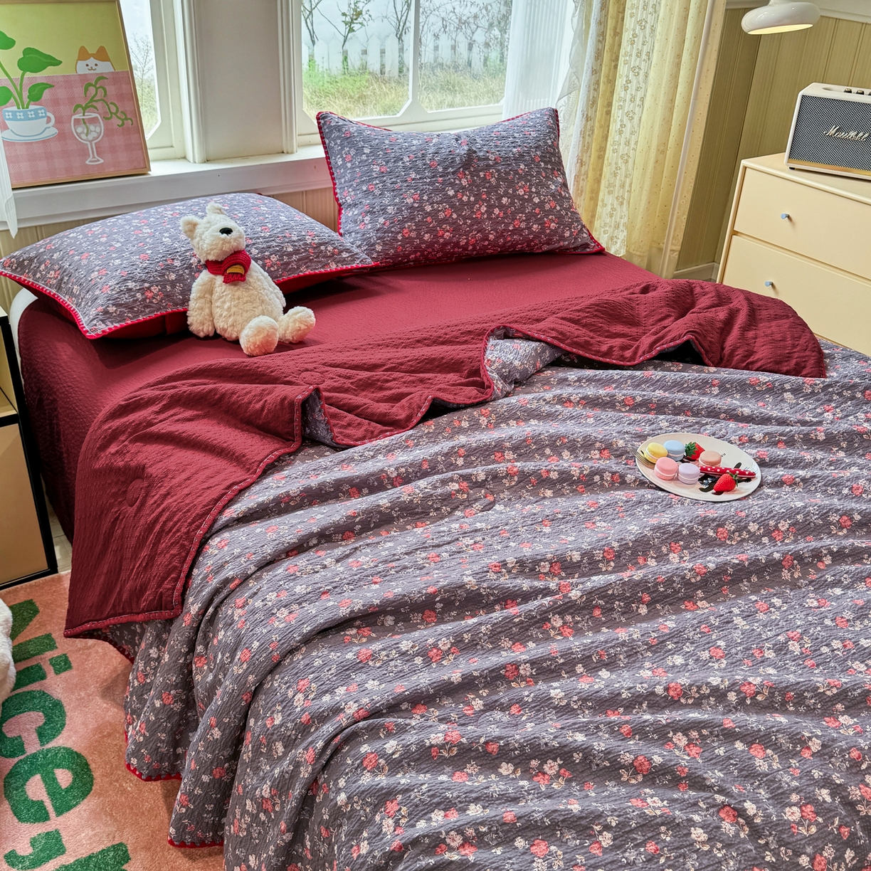 91家纺网 家纺一手货源 找家纺 慕澄家纺 2026新款泡芙棉贝壳边印花夏被四件套 夏被-午夜花园