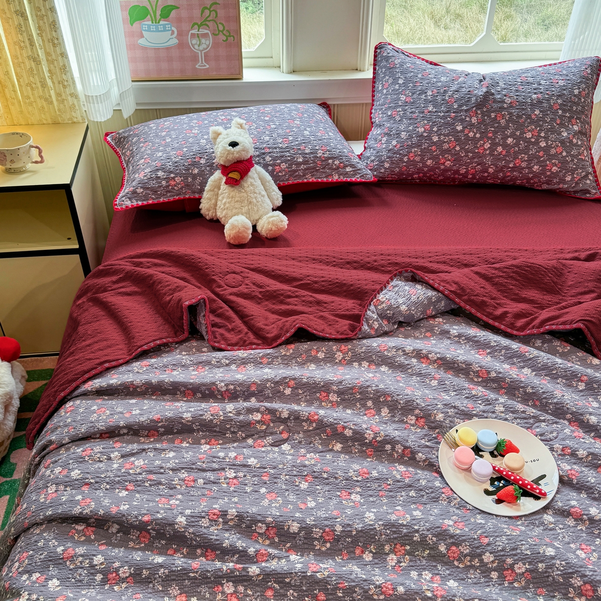 91家纺网 家纺一手货源 找家纺 慕澄家纺 2026新款泡芙棉贝壳边印花夏被四件套 夏被-午夜花园