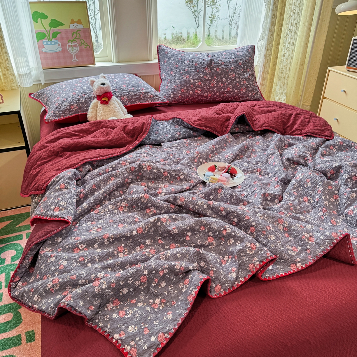 91家纺网 家纺一手货源 找家纺 慕澄家纺 2026新款泡芙棉贝壳边印花夏被四件套 夏被-午夜花园