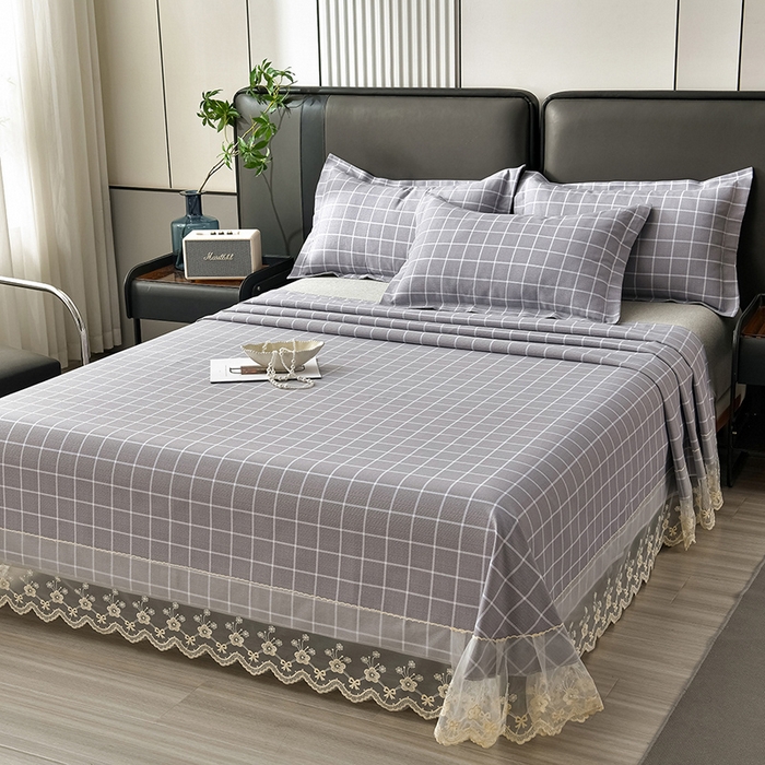 星窝家纺 2026新款花边老粗布凉席三件套 浅灰雅格