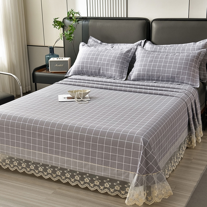 91家纺网 家纺一手货源 找家纺 星窝家纺 2026新款花边老粗布凉席三件套 浅灰雅格