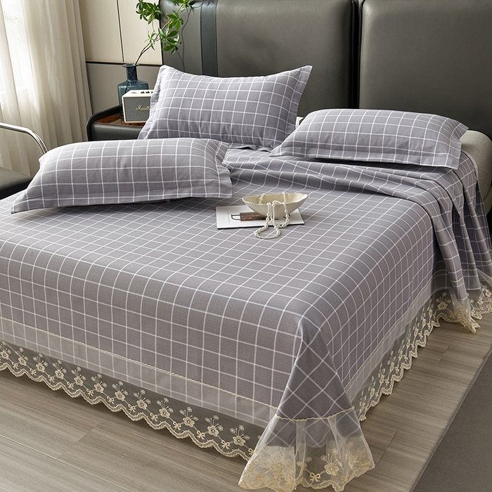 91家纺网 家纺一手货源 找家纺 星窝家纺 2026新款花边老粗布凉席三件套 浅灰雅格