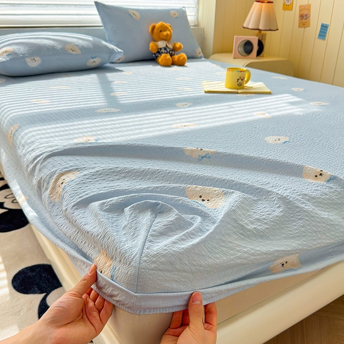 91家纺网 家纺一手货源 找家纺 （总）梵朴 2026新款A类泡芙棉云感木棉邹邹纱双层纱床笠三件套