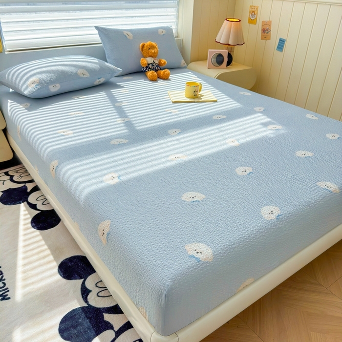 91家纺网 家纺一手货源 找家纺 （总）梵朴 2026新款A类泡芙棉云感木棉邹邹纱双层纱床笠三件套