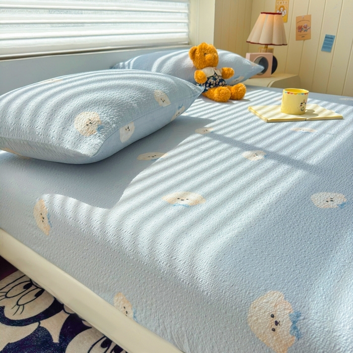 91家纺网 家纺一手货源 找家纺 （总）梵朴 2026新款A类泡芙棉云感木棉邹邹纱双层纱床笠三件套