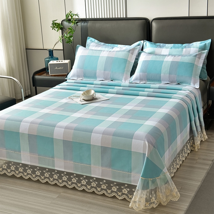 91家纺网 家纺一手货源 找家纺 星窝家纺 2026新款花边老粗布凉席三件套 青春活力-蓝