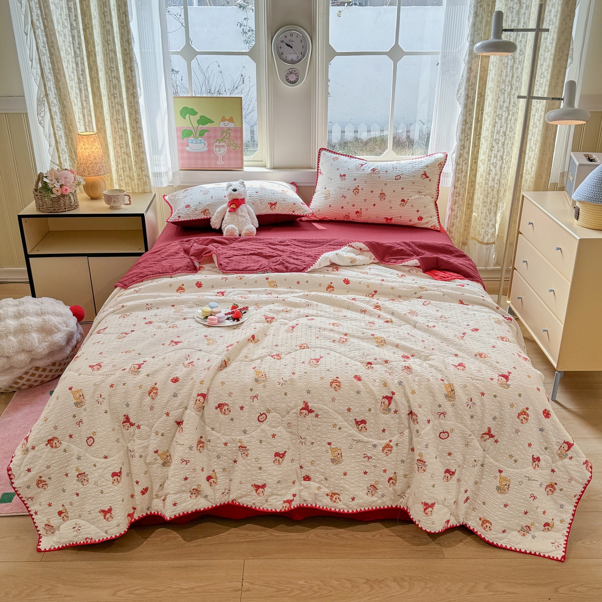 91家纺网 家纺一手货源 找家纺 慕澄家纺 2026新款泡芙棉贝壳边印花夏被四件套 夏被-星落小红帽