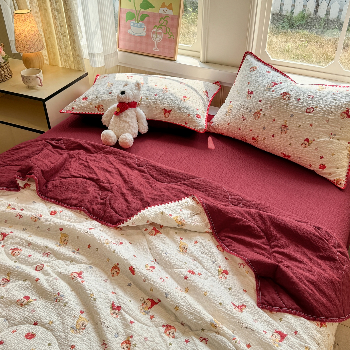 91家纺网 家纺一手货源 找家纺 慕澄家纺 2026新款泡芙棉贝壳边印花夏被四件套 夏被-星落小红帽