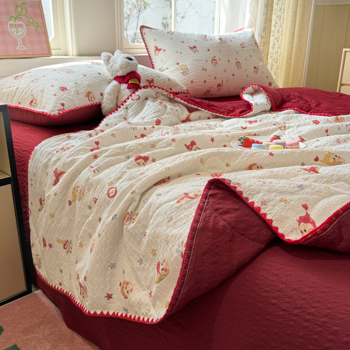 91家纺网 家纺一手货源 找家纺 慕澄家纺 2026新款泡芙棉贝壳边印花夏被四件套 夏被-星落小红帽