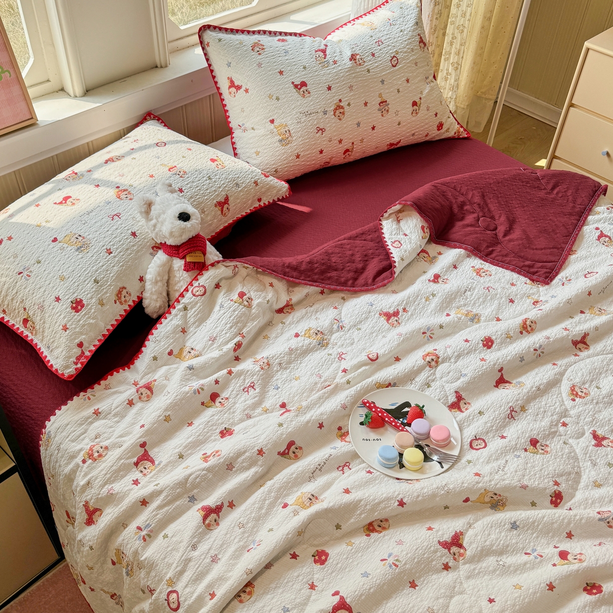 91家纺网 家纺一手货源 找家纺 慕澄家纺 2026新款泡芙棉贝壳边印花夏被四件套 夏被-星落小红帽