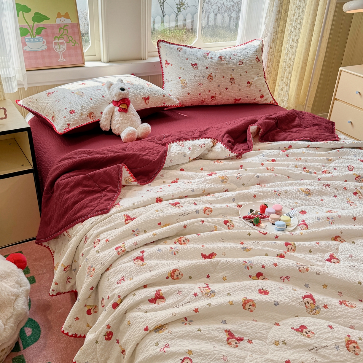 91家纺网 家纺一手货源 找家纺 慕澄家纺 2026新款泡芙棉贝壳边印花夏被四件套 夏被-星落小红帽