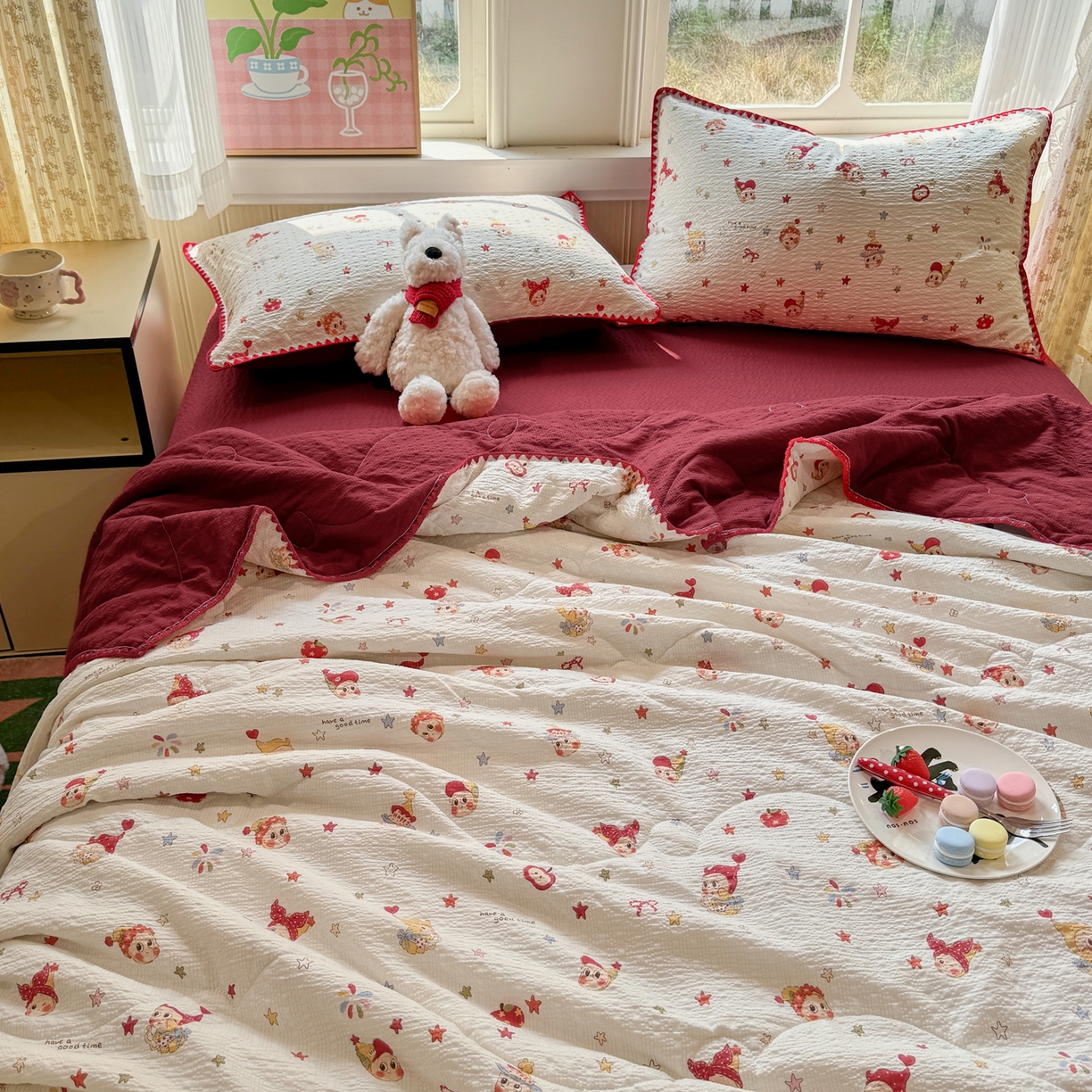 91家纺网 家纺一手货源 找家纺 慕澄家纺 2026新款泡芙棉贝壳边印花夏被四件套 夏被-星落小红帽