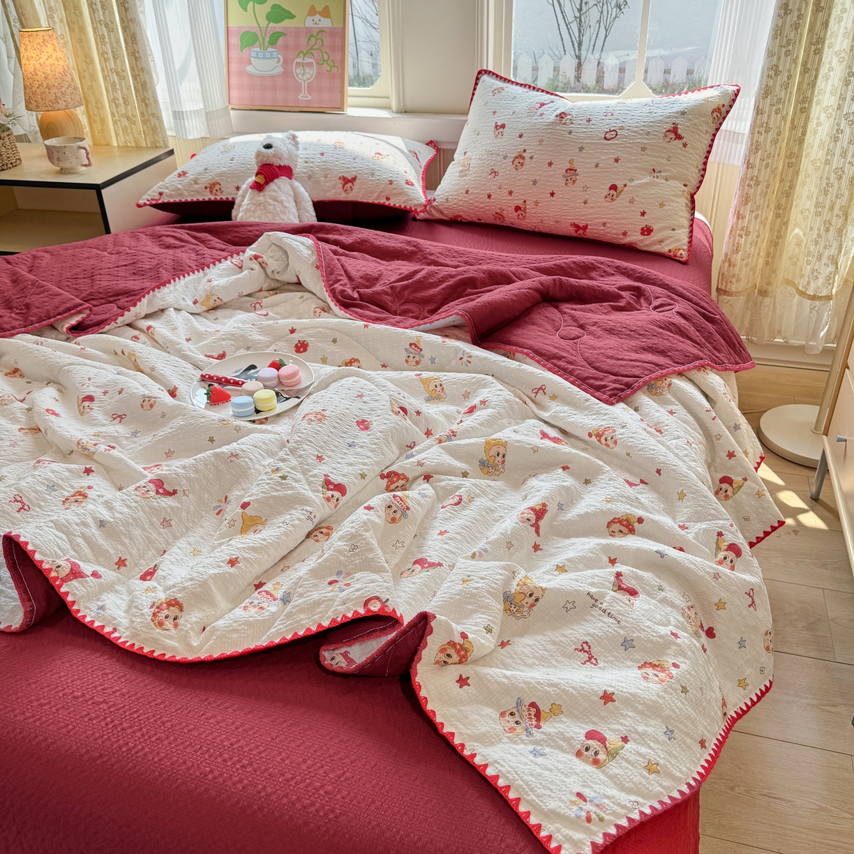 91家纺网 家纺一手货源 找家纺 慕澄家纺 2026新款泡芙棉贝壳边印花夏被四件套 夏被-星落小红帽