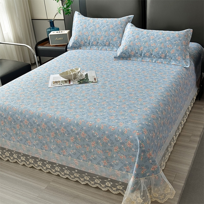 91家纺网 家纺一手货源 找家纺 星窝家纺 2026新款花边老粗布凉席三件套 山樱漫语-灰