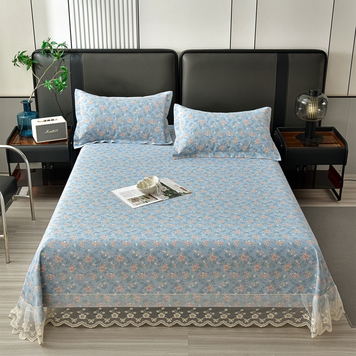 91家纺网 家纺一手货源 找家纺 星窝家纺 2026新款花边老粗布凉席三件套 山樱漫语-灰