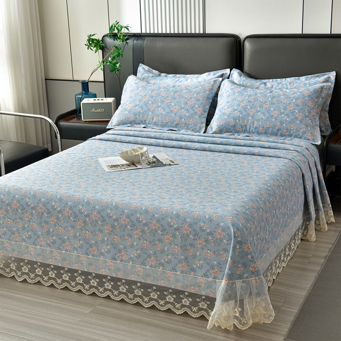 91家纺网 家纺一手货源 找家纺 星窝家纺 2026新款花边老粗布凉席三件套 山樱漫语-灰