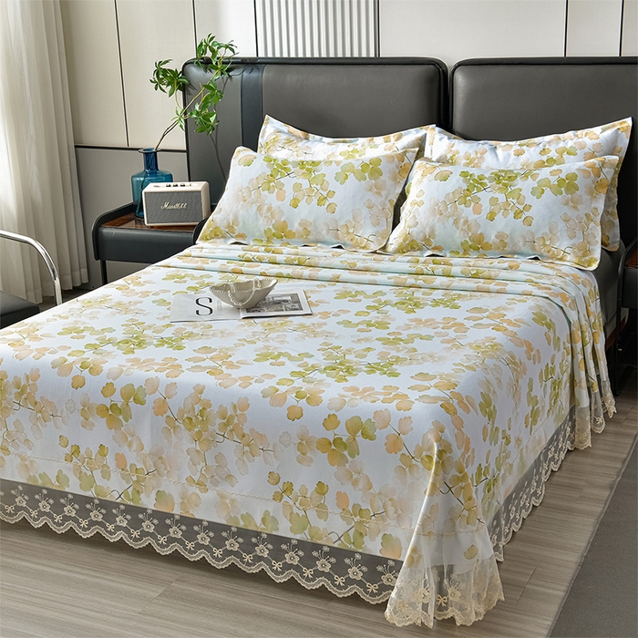 91家纺网 家纺一手货源 找家纺 星窝家纺 2026新款花边老粗布凉席三件套 宛若黎光-绿