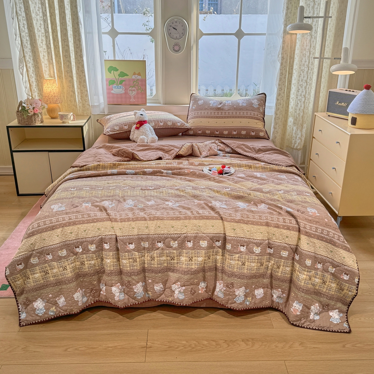 91家纺网 家纺一手货源 找家纺 慕澄家纺 2026新款泡芙棉贝壳边印花夏被四件套 夏被-椰棕猫软糖