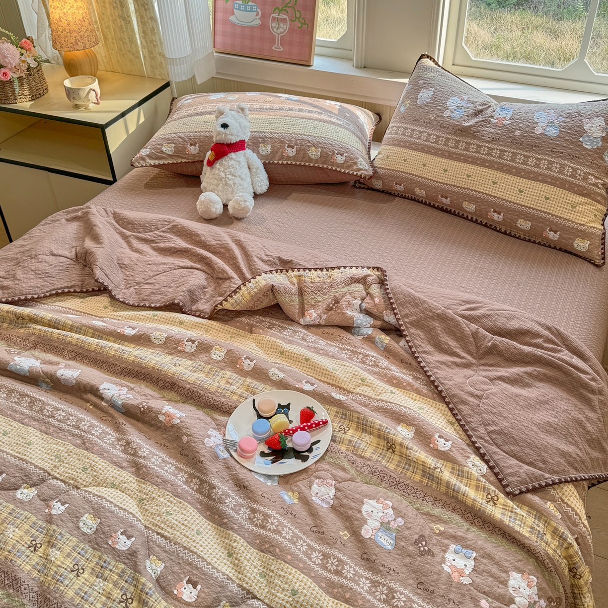 91家纺网 家纺一手货源 找家纺 慕澄家纺 2026新款泡芙棉贝壳边印花夏被四件套 夏被-椰棕猫软糖