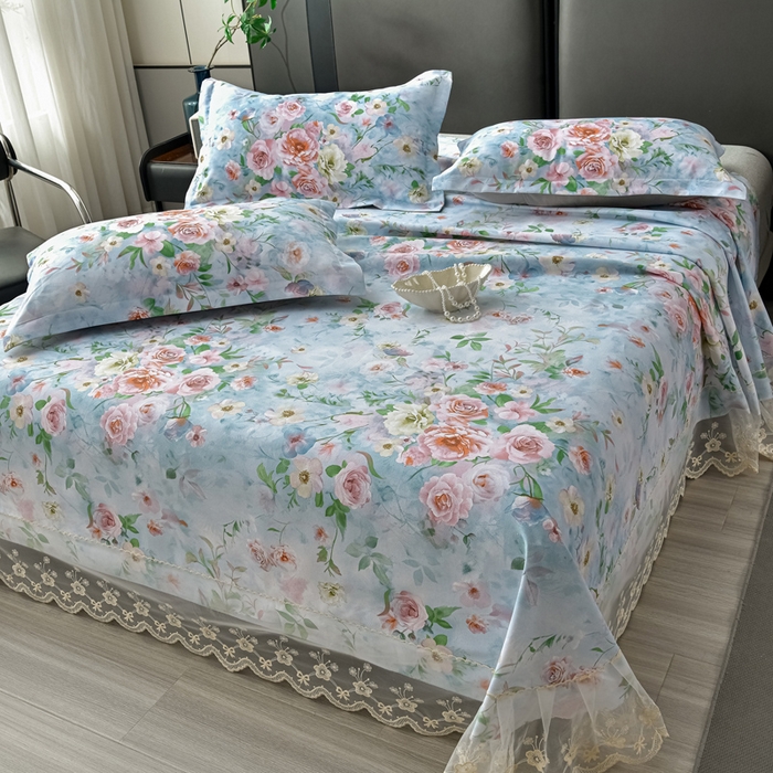 91家纺网 家纺一手货源 找家纺 星窝家纺 2026新款花边老粗布凉席三件套 微澜