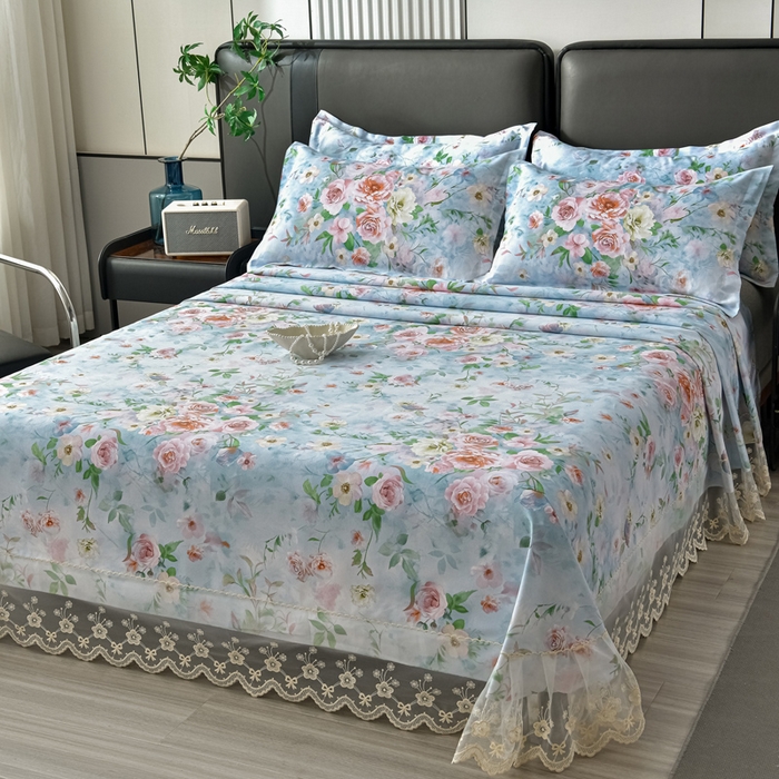 91家纺网 家纺一手货源 找家纺 星窝家纺 2026新款花边老粗布凉席三件套 微澜