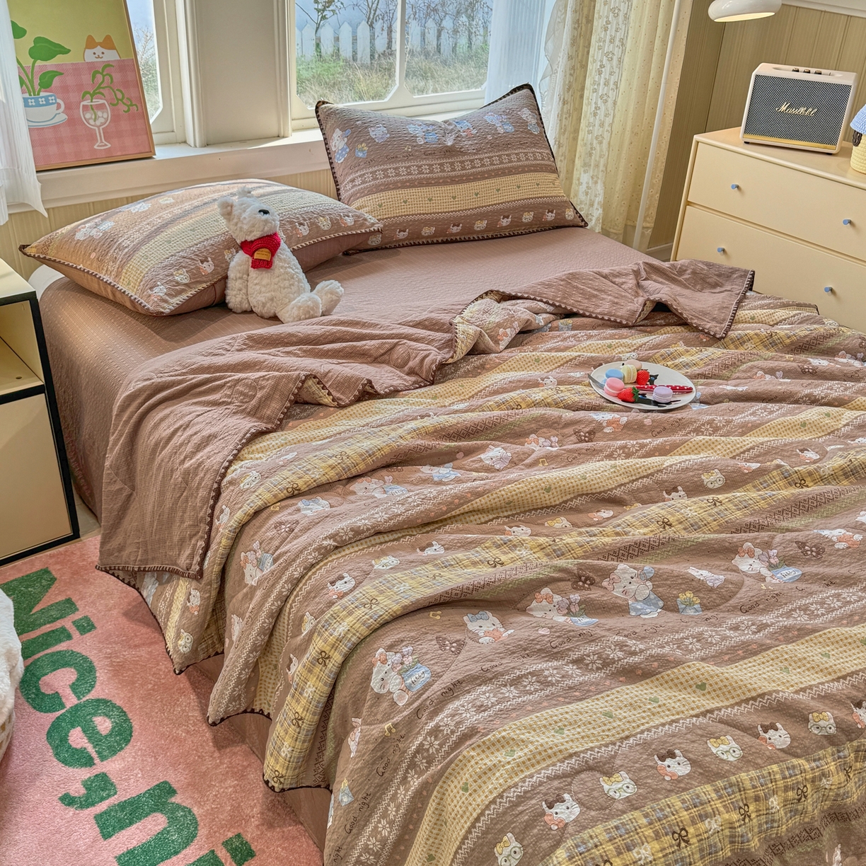 91家纺网 家纺一手货源 找家纺 慕澄家纺 2026新款泡芙棉贝壳边印花夏被四件套 夏被-椰棕猫软糖